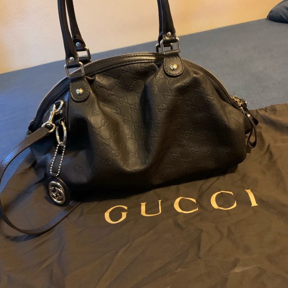 Gucci Black Embossed GG Shoulder Bag with Logo Charm